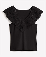 RW&CO V-Neck Ribbed Top with Short Flutter Sleeves