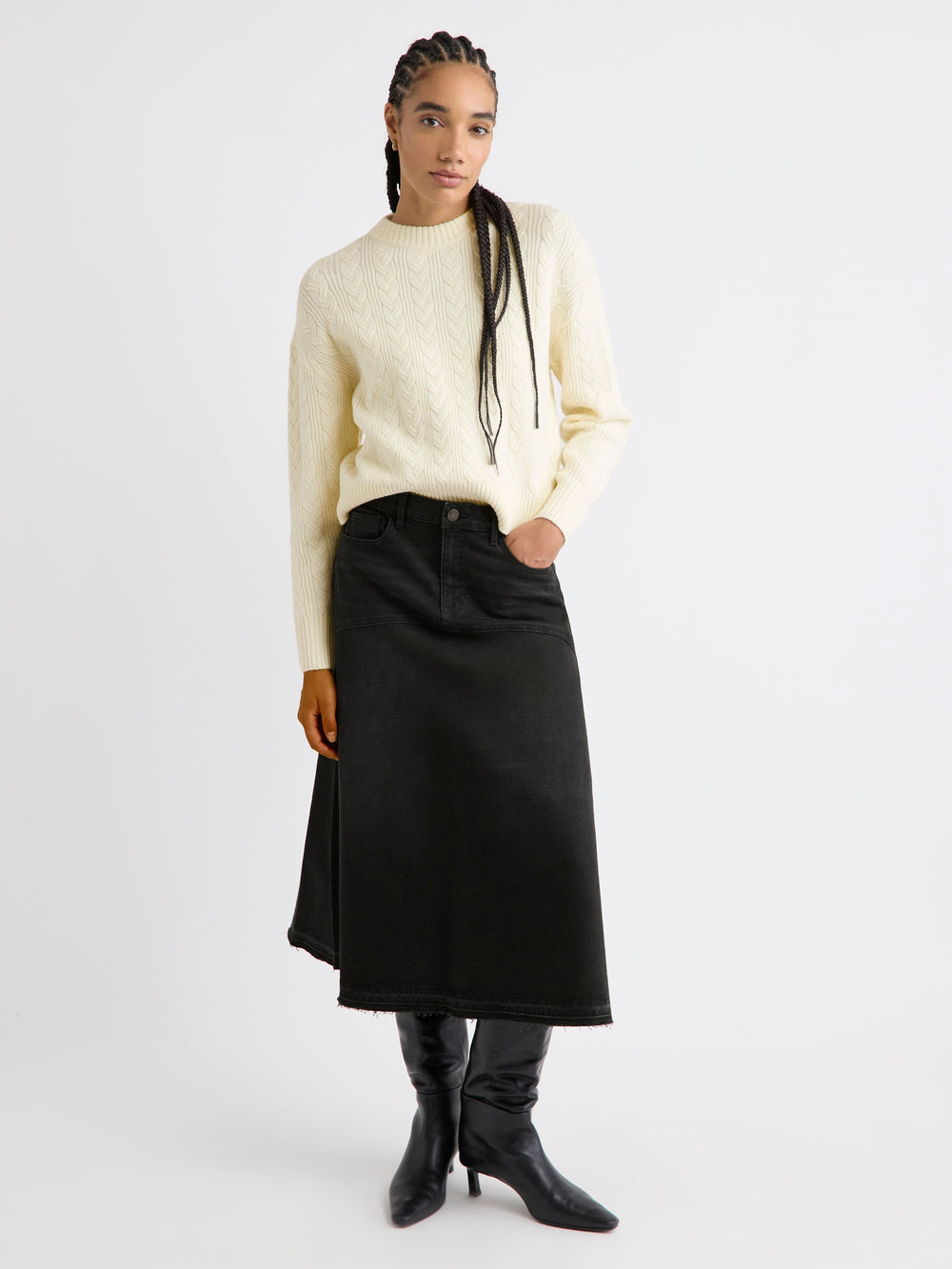RW&CO Grey Flare Midi Denim Skirt