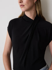 RW&CO Extended-Sleeve Top with Crossover Draped Mock Neckline