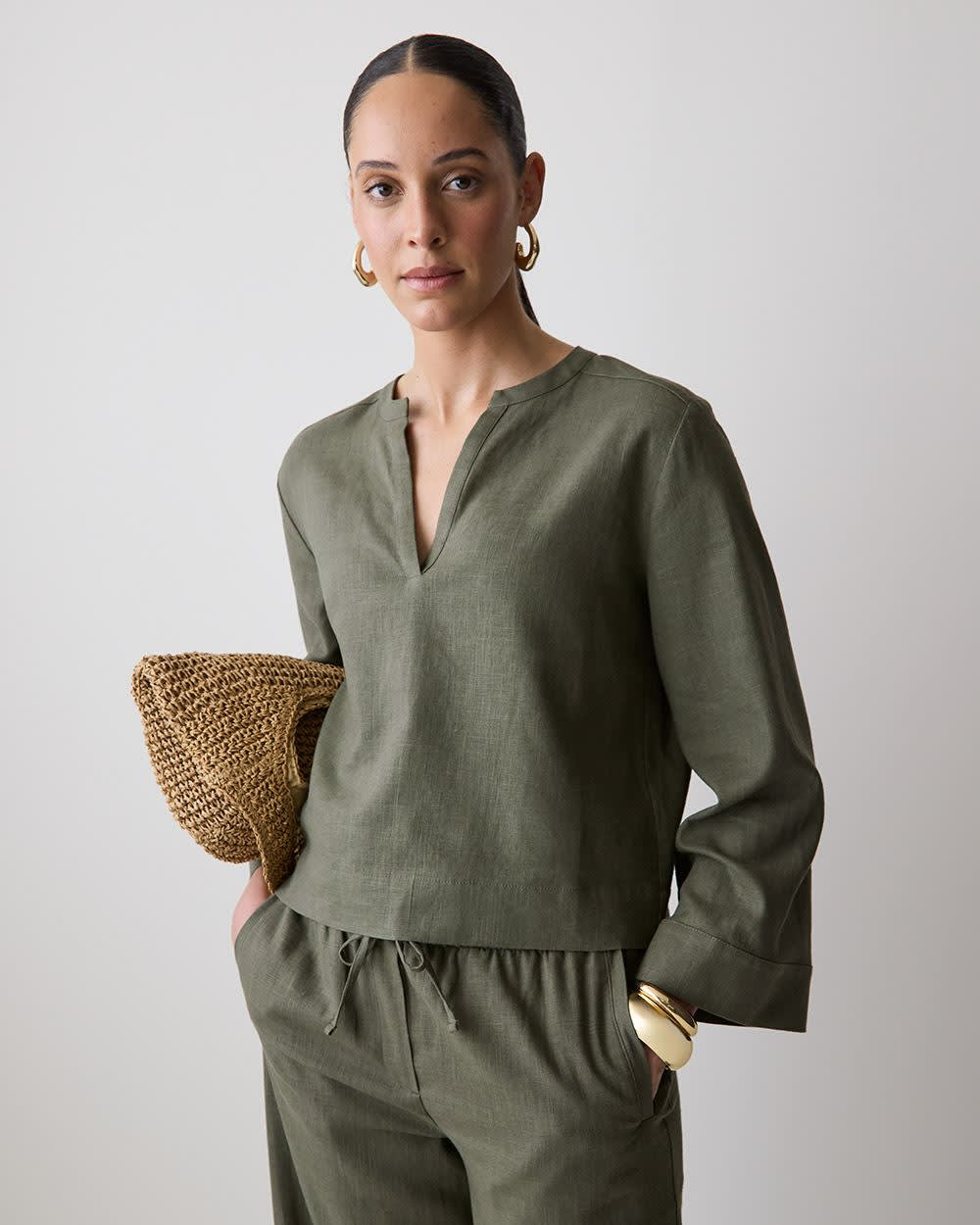 RW&CO Linen Long-Sleeve Popover Blouse