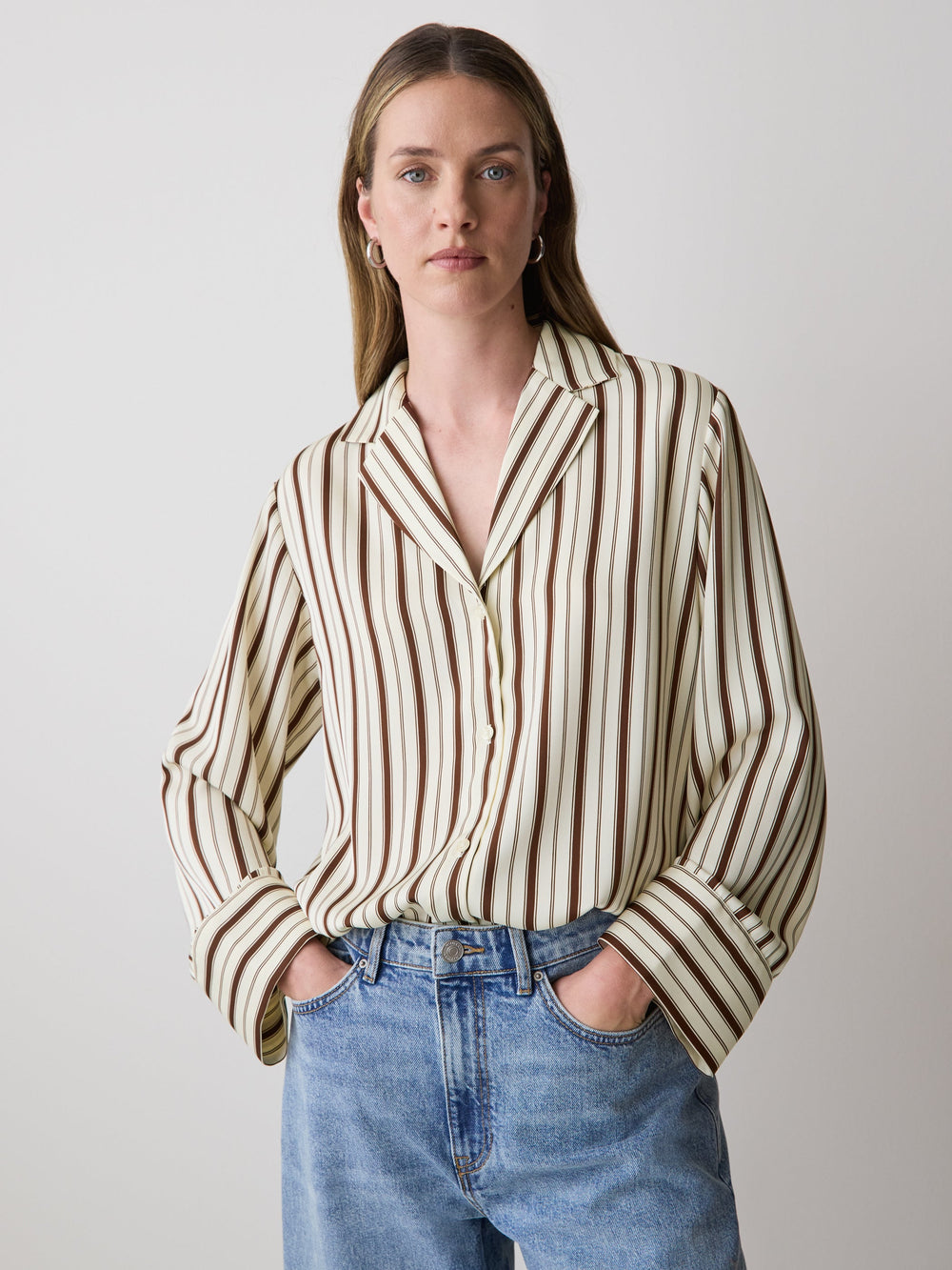 RW&CO Long-Sleeve Twill Blouse with Notch Collar