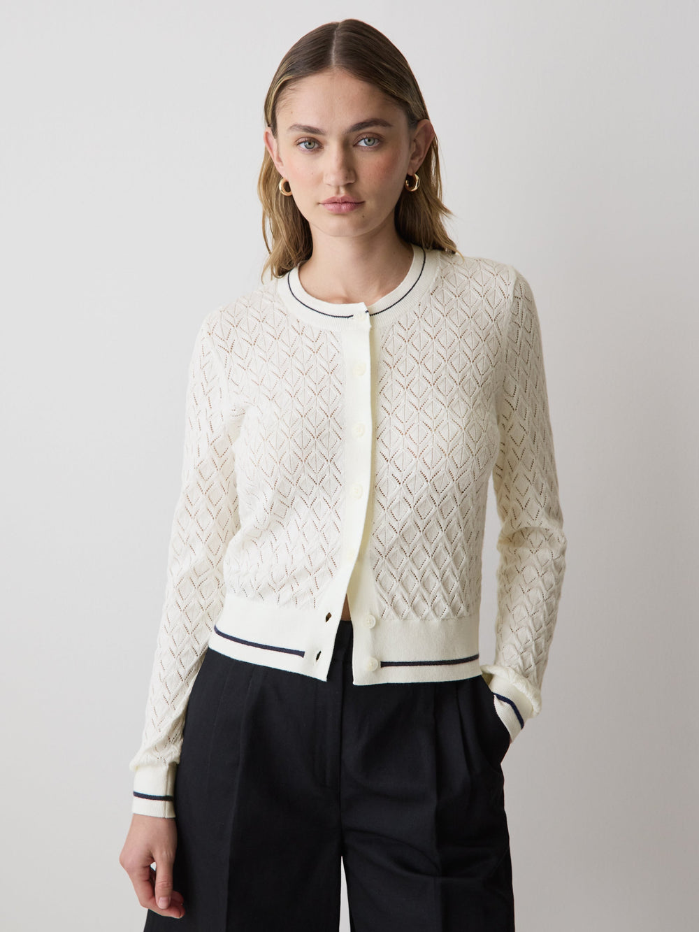 RW&CO Long-Sleeve Crew-Neck Cardigan with Pointelle Stitches