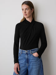 RW&CO Long-Sleeve Top with Crossover Draped Mock Neckline