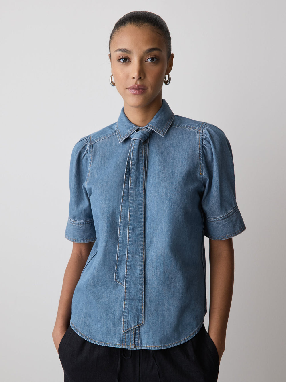 RW&CO Short-Sleeve Denim Blouse with Shirt Collar