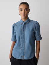 RW&CO Short-Sleeve Denim Blouse with Shirt Collar