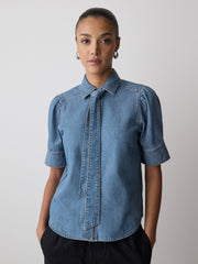RW&CO Short-Sleeve Denim Blouse with Shirt Collar
