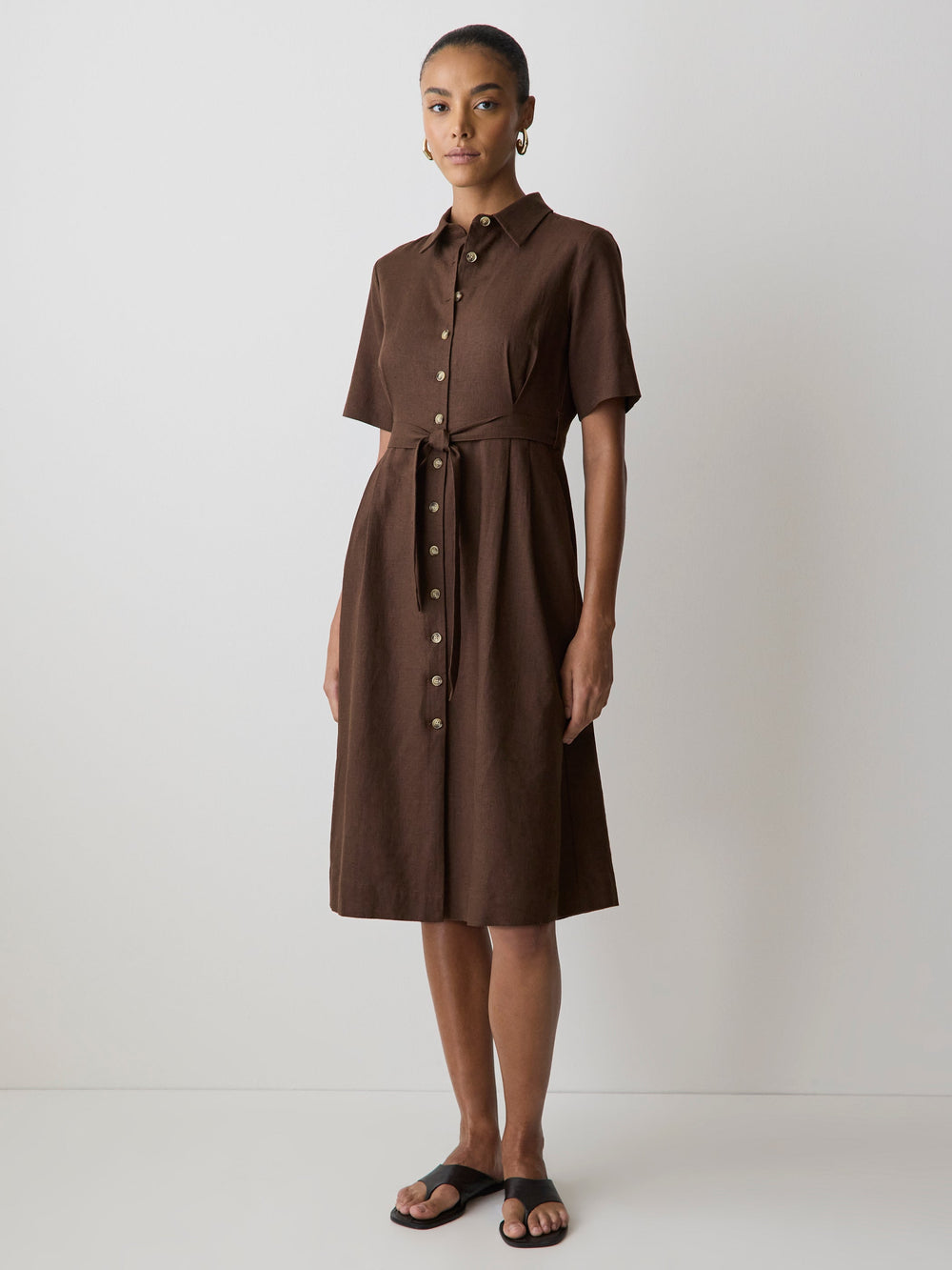 RW&CO Short-Sleeve Linen-Blend Midi Dress with Shirt Collar