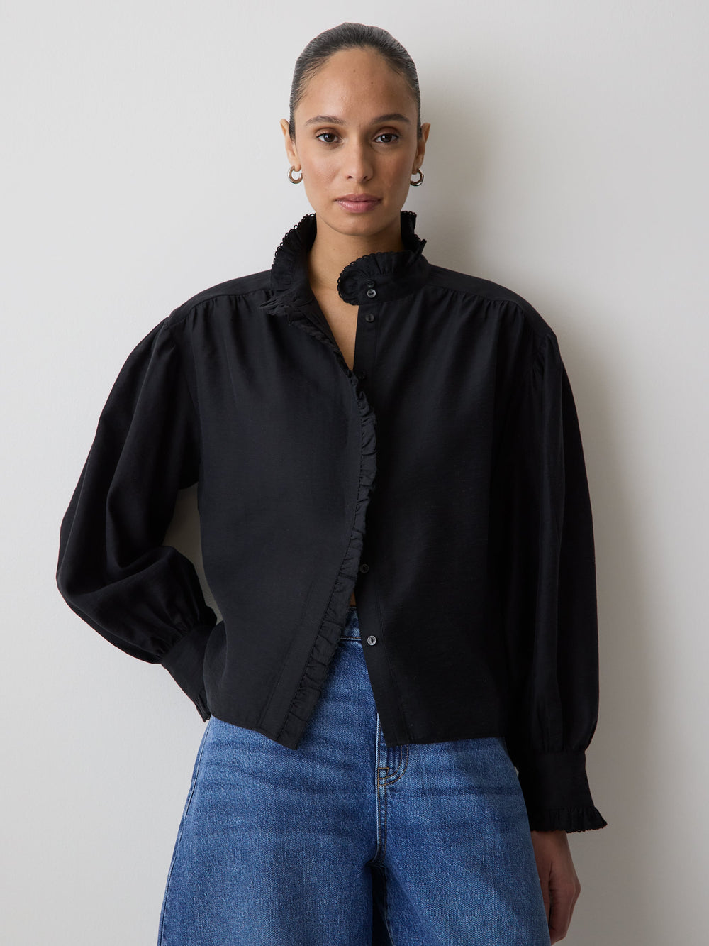 RW&CO Long-Sleeve Crew-Neck Blouse with Ruffles