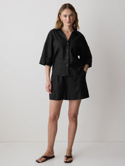 RW&CO Linen-Blend Short-Sleeve Blouse with Shirt Collar