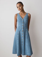 RW&CO Denim Sleeveless V-Neck Midi Dress