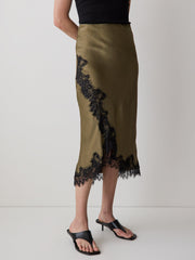 RW&CO High-Rise Satin Midi Skirt with Lace Trim