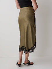 RW&CO High-Rise Satin Midi Skirt with Lace Trim