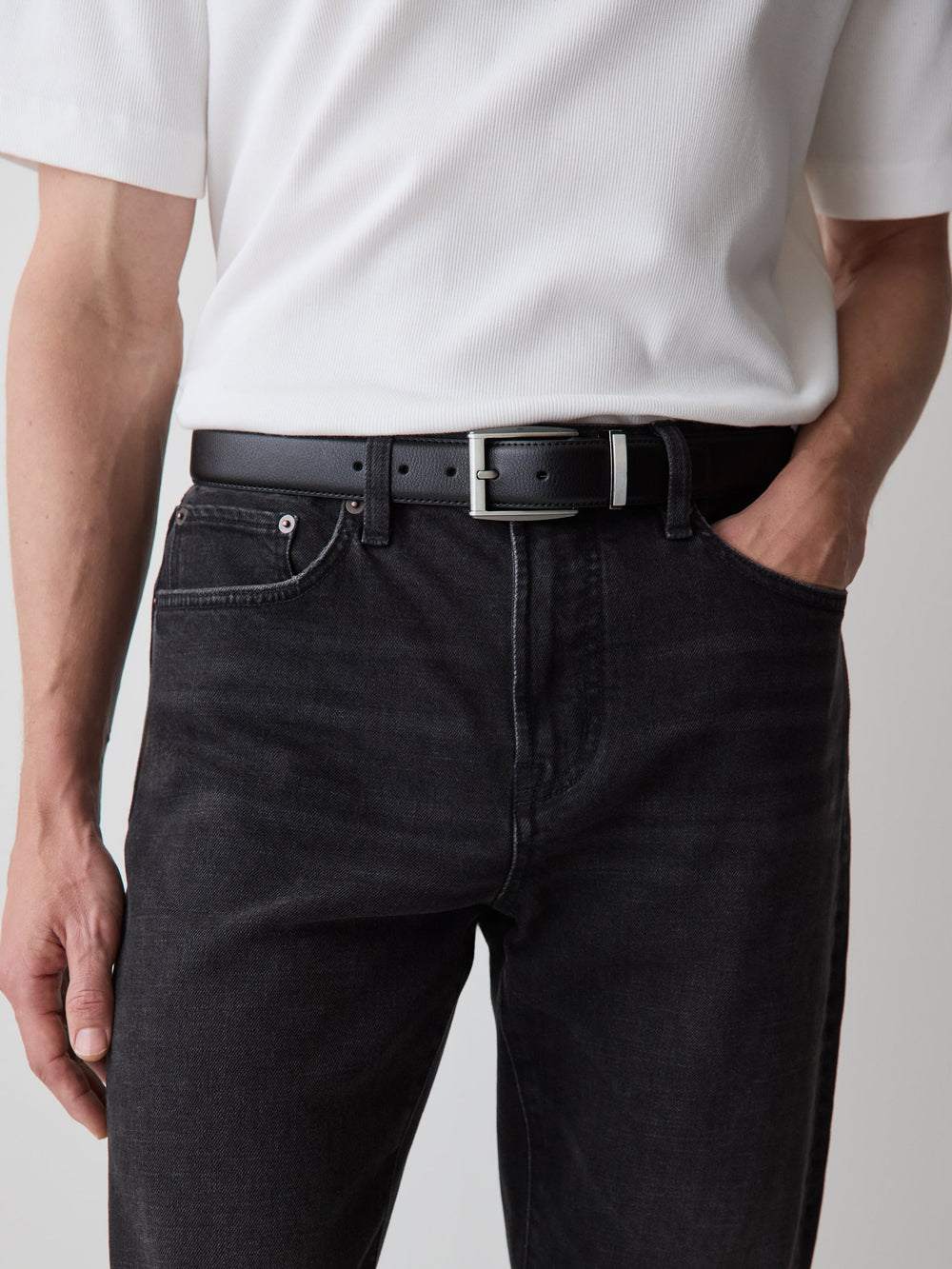 RW&CO Black Leather Belt with Square Buckle