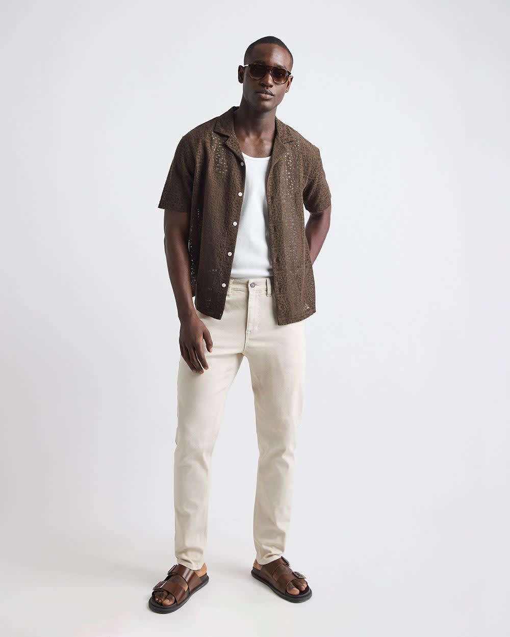 RW&CO Short-Sleeve Lace Shirt with Camp Collar