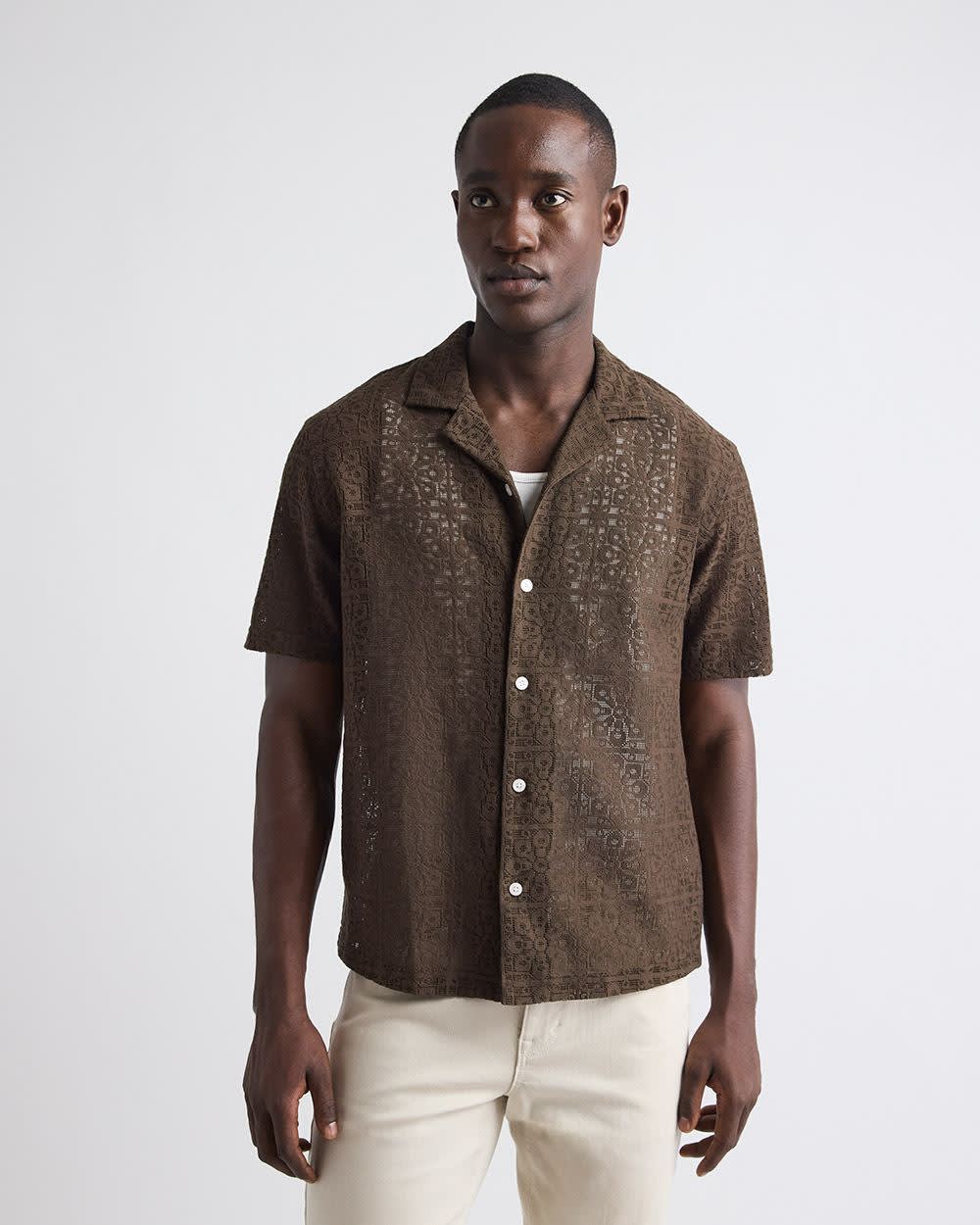 RW&CO Short-Sleeve Lace Shirt with Camp Collar