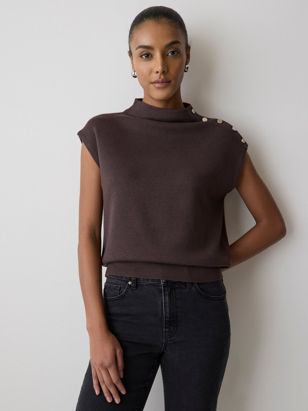 RW&CO Sleeveless Mock-Neck Sweater with Buttons at Shoulder