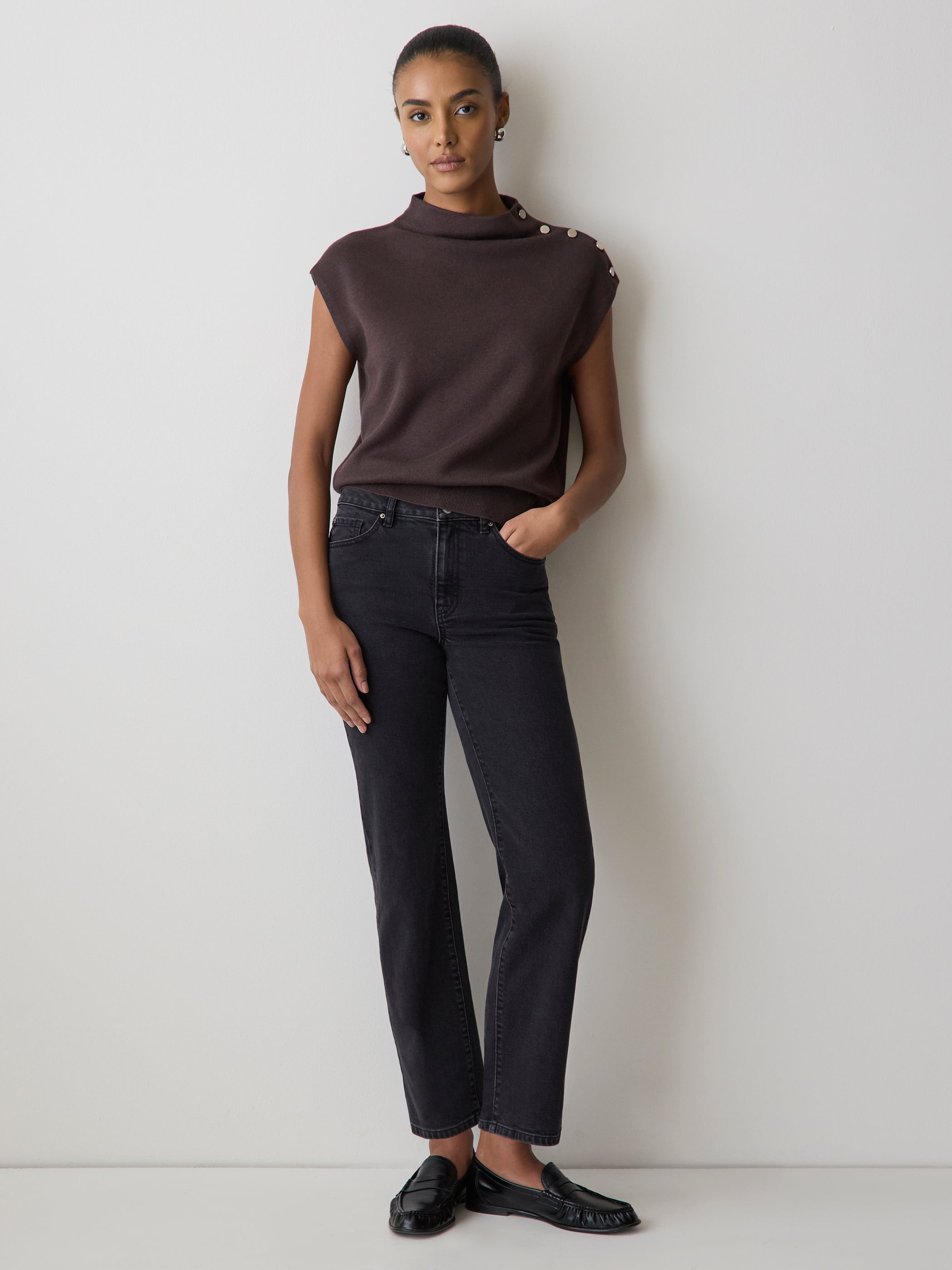 RW&CO Sleeveless Mock-Neck Sweater with Buttons at Shoulder