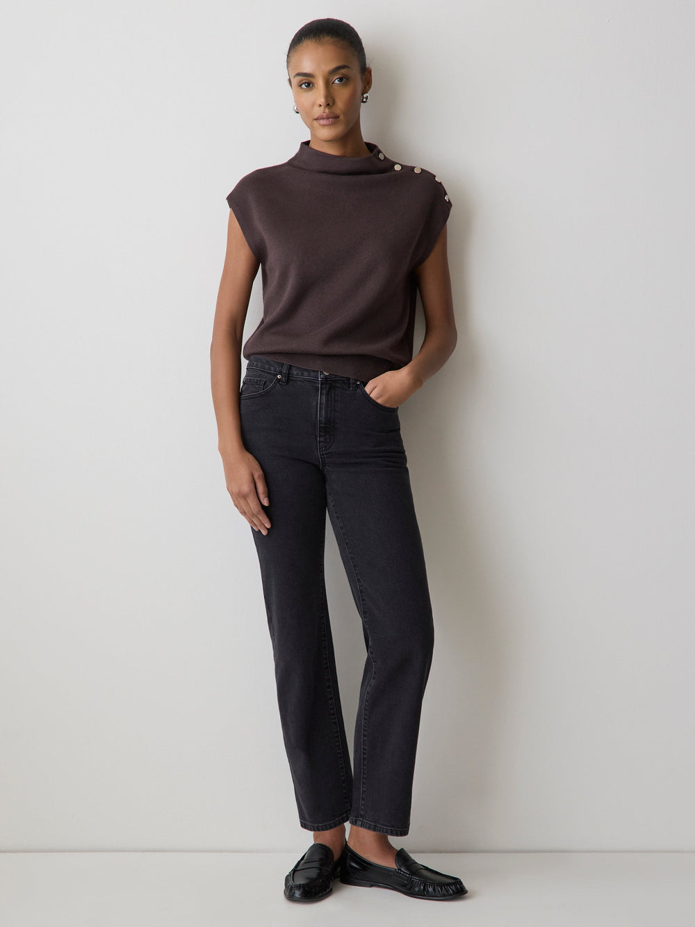 RW&CO Sleeveless Mock-Neck Sweater with Buttons at Shoulder