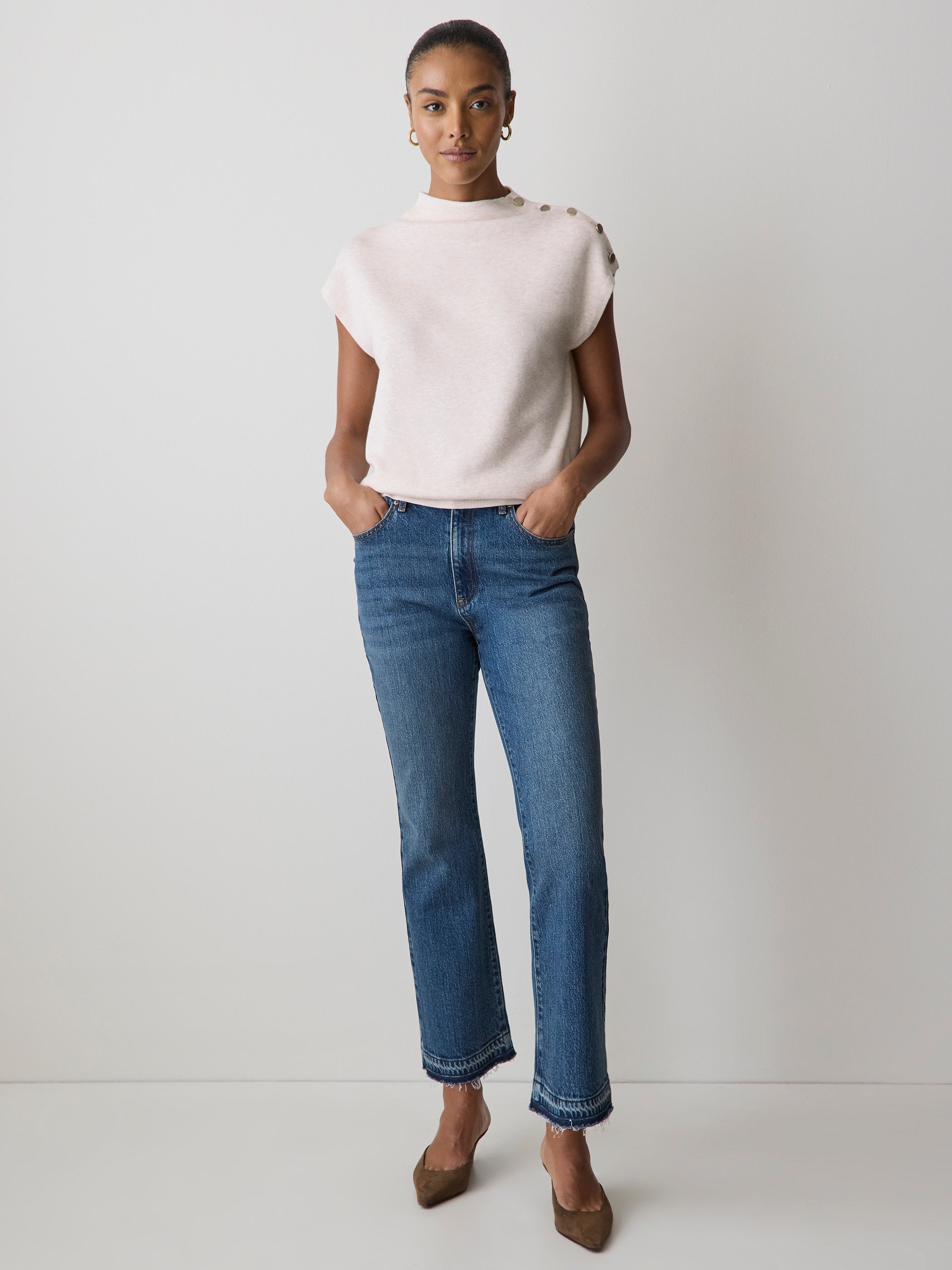 RW&CO Sleeveless Mock-Neck Sweater with Buttons at Shoulder