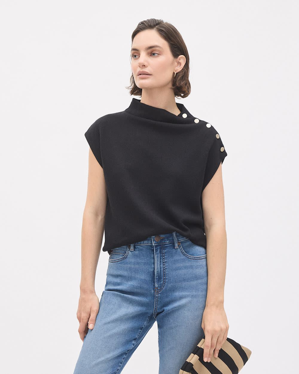 RW&CO Sleeveless Mock-Neck Sweater with Buttons at Shoulder