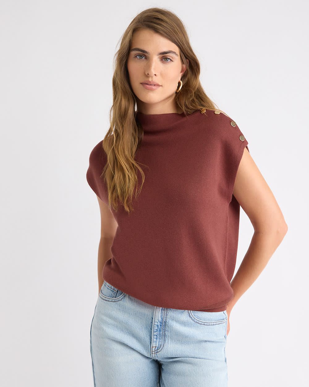 RW&CO Sleeveless Mock-Neck Sweater with Buttons at Shoulder
