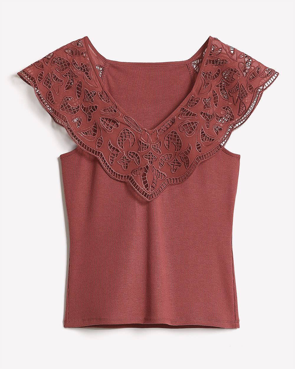 RW&CO V-Neck Ribbed Top with Short Flutter Sleeves