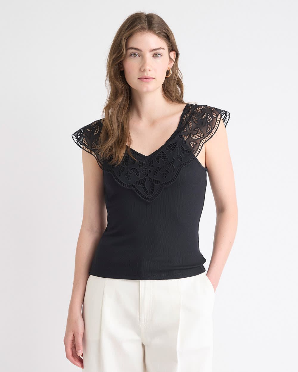 RW&CO V-Neck Ribbed Top with Short Flutter Sleeves