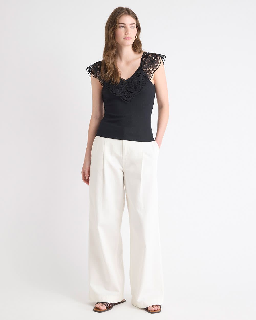 RW&CO V-Neck Ribbed Top with Short Flutter Sleeves