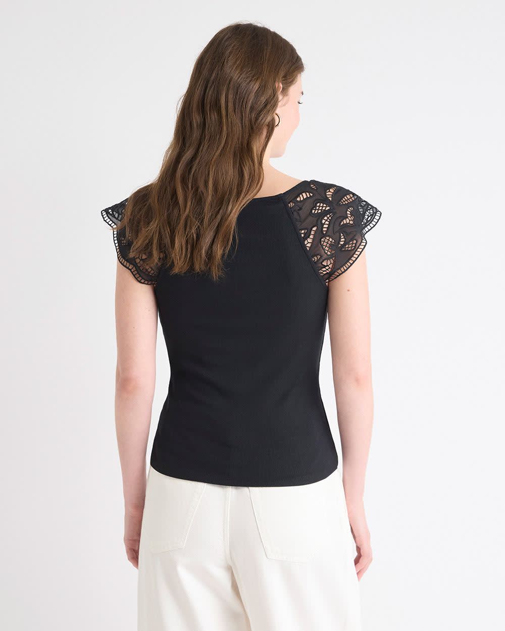 RW&CO V-Neck Ribbed Top with Short Flutter Sleeves