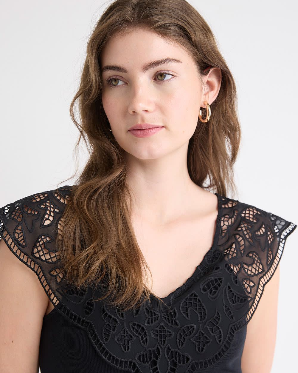 RW&CO V-Neck Ribbed Top with Short Flutter Sleeves