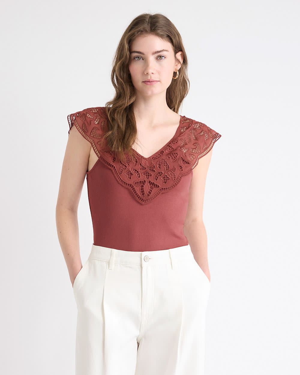 RW&CO V-Neck Ribbed Top with Short Flutter Sleeves