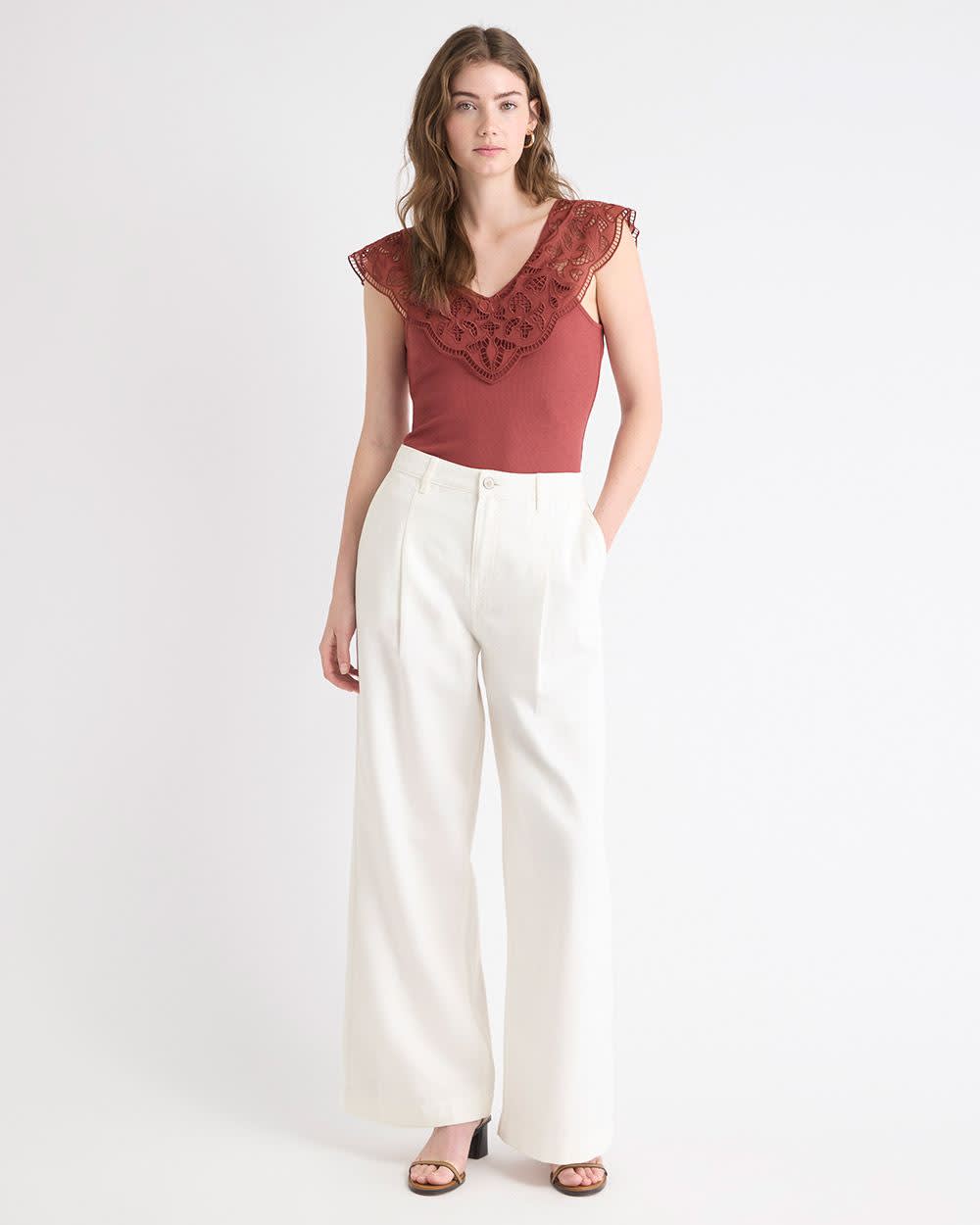 RW&CO V-Neck Ribbed Top with Short Flutter Sleeves