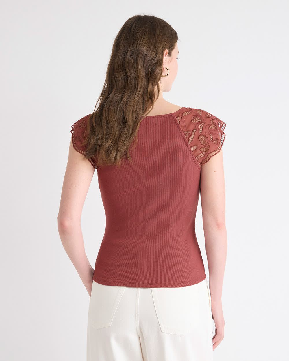 RW&CO V-Neck Ribbed Top with Short Flutter Sleeves