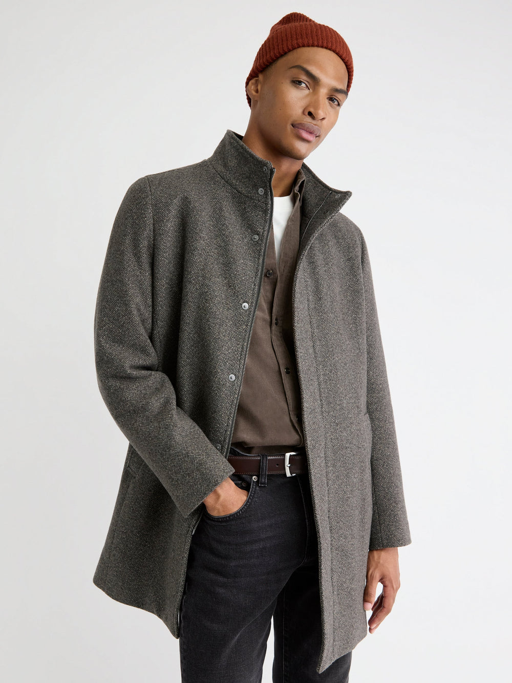 RW&CO Classic Mock-Neck Heathered-Wool Coat with Dickey