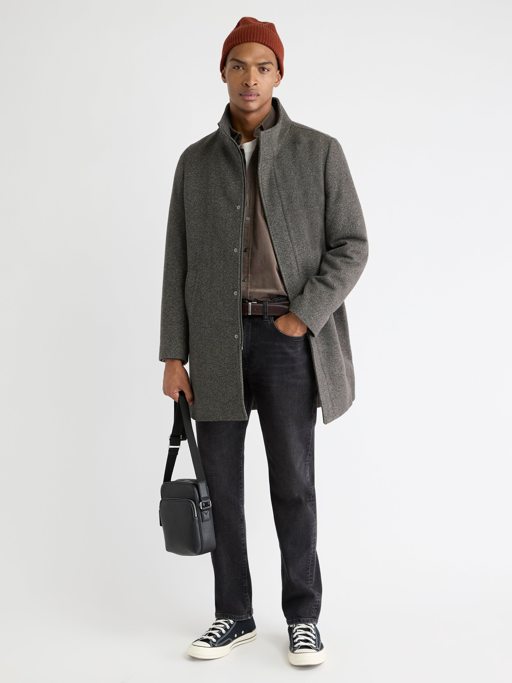 RW&CO Classic Mock-Neck Heathered-Wool Coat with Dickey