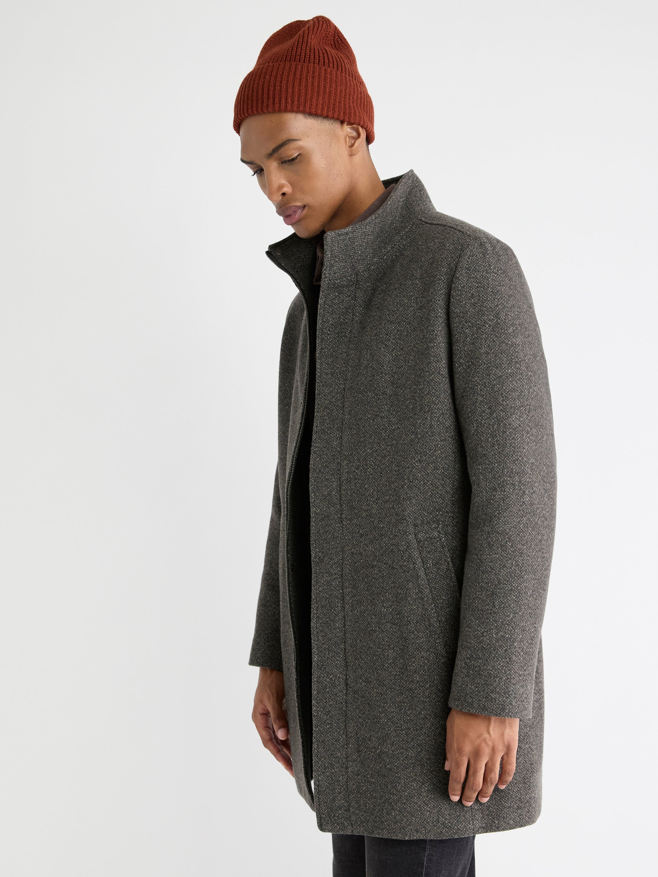 RW&CO Classic Mock-Neck Heathered-Wool Coat with Dickey