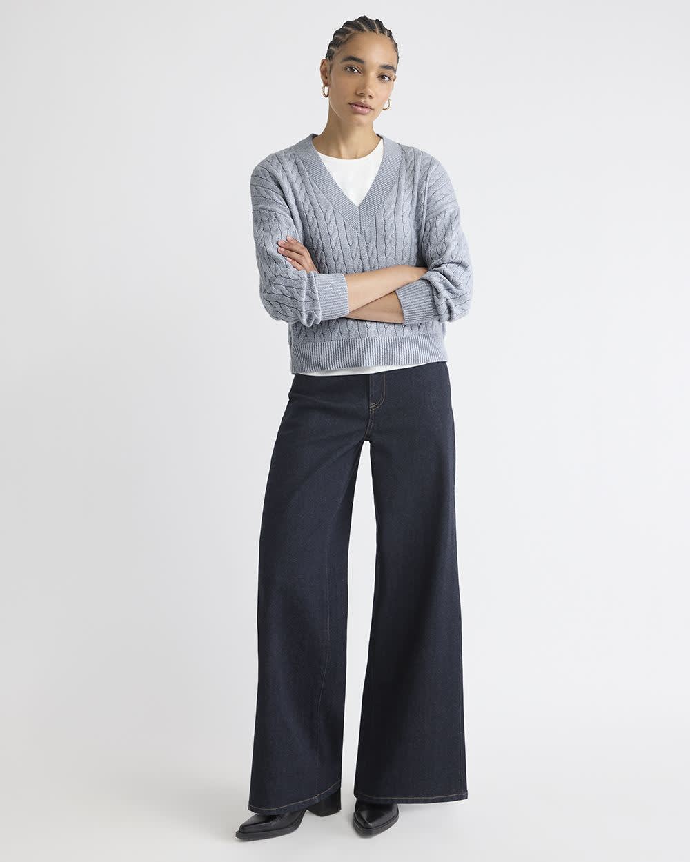 RW&CO Long-Sleeve V-Neck Cable-Stitch Merino-Blend Sweater