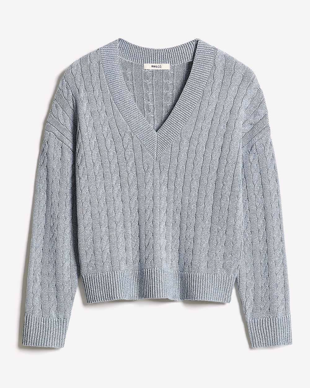 RW&CO Long-Sleeve V-Neck Cable-Stitch Merino-Blend Sweater