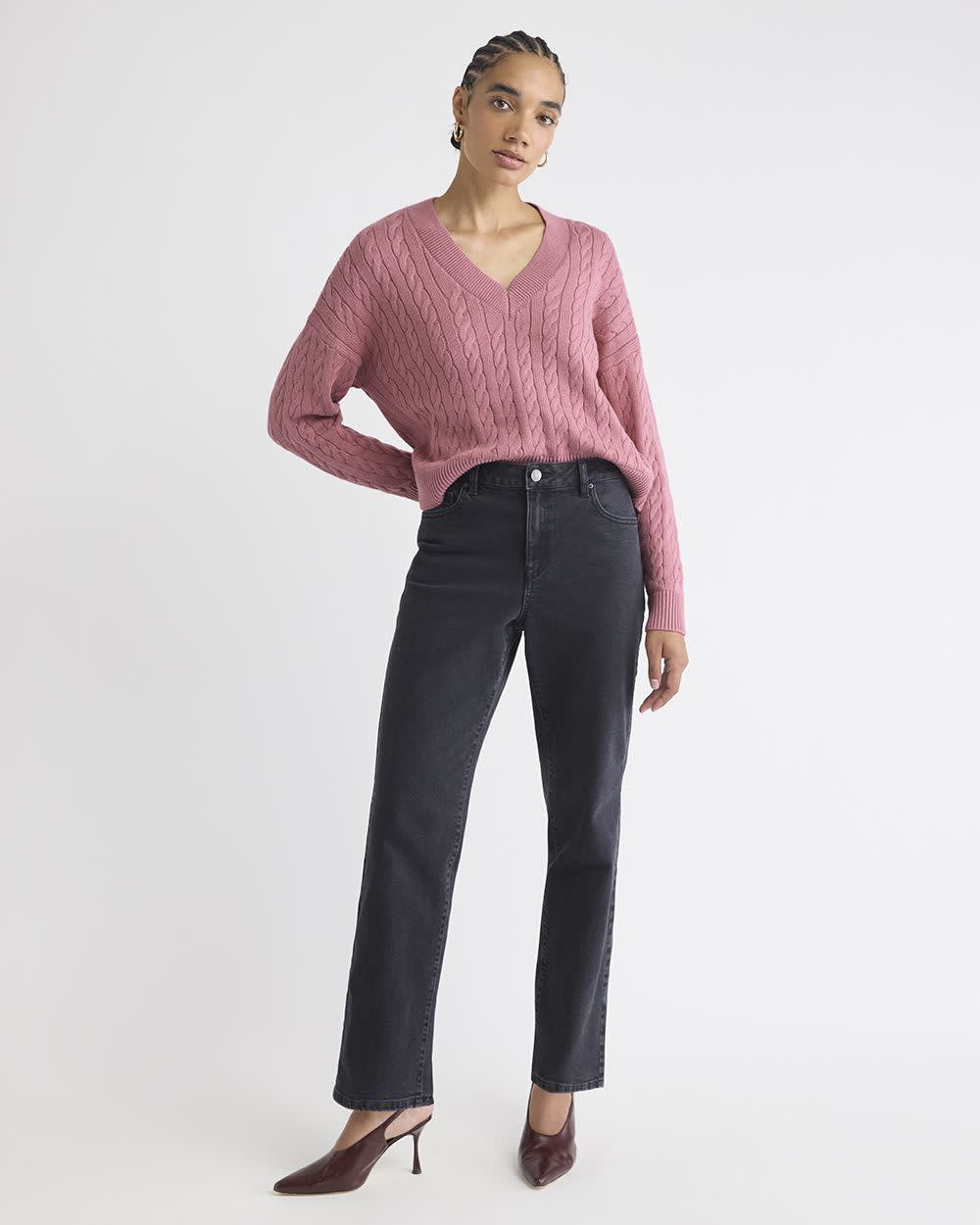 RW&CO Long-Sleeve V-Neck Cable-Stitch Merino-Blend Sweater