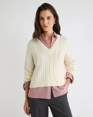 RW&CO Long-Sleeve V-Neck Cable-Stitch Merino-Blend Sweater