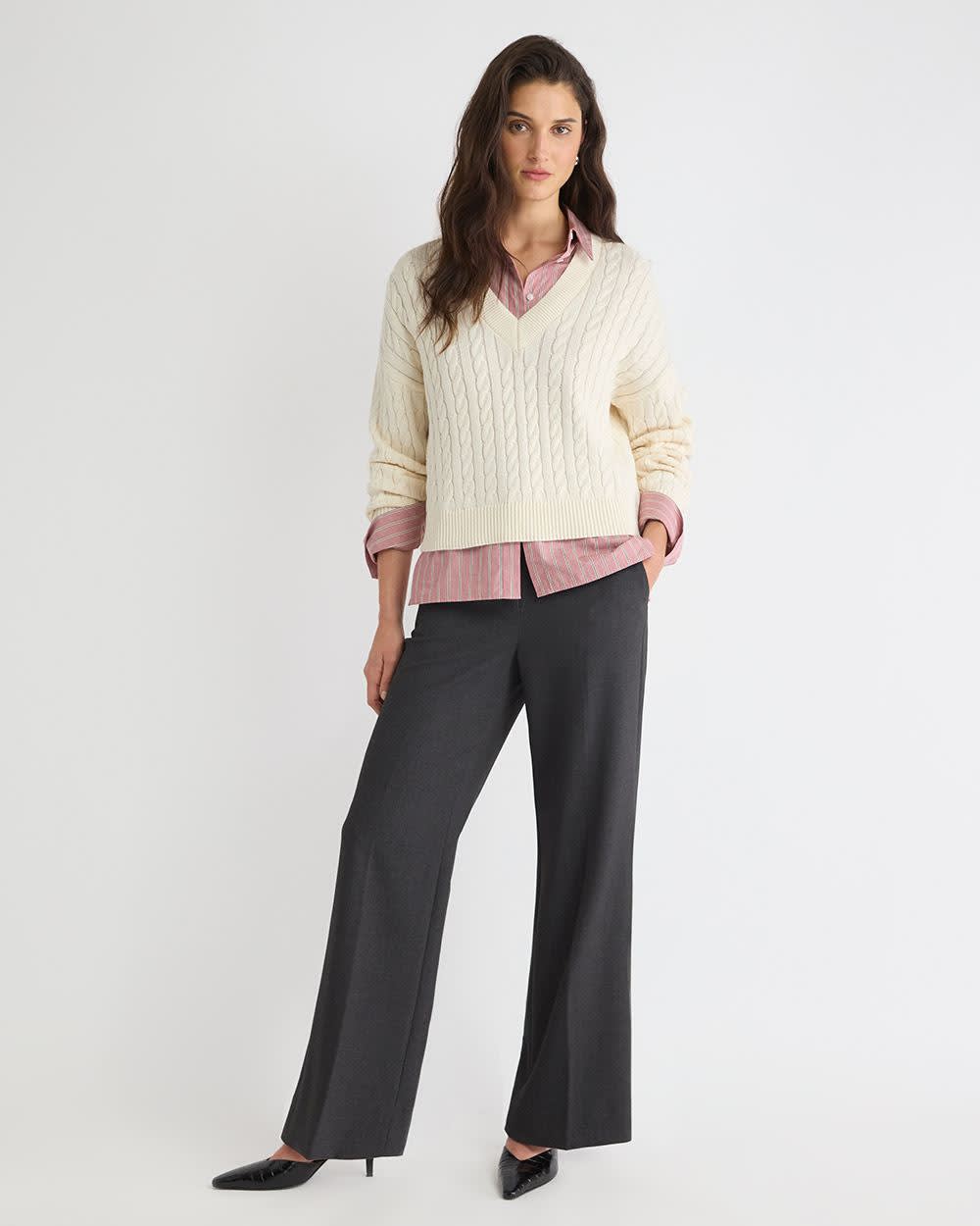 RW&CO Long-Sleeve V-Neck Cable-Stitch Merino-Blend Sweater