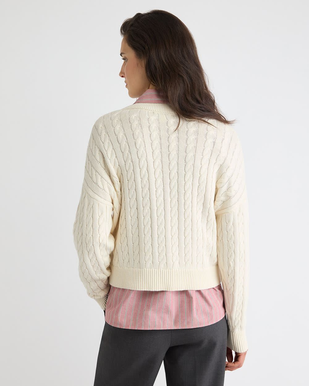 RW&CO Long-Sleeve V-Neck Cable-Stitch Merino-Blend Sweater