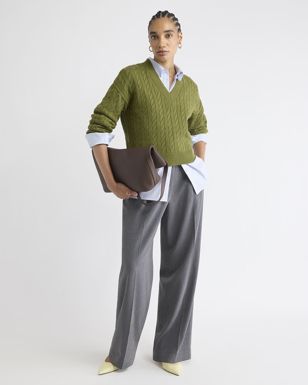 RW&CO Long-Sleeve V-Neck Cable-Stitch Merino-Blend Sweater