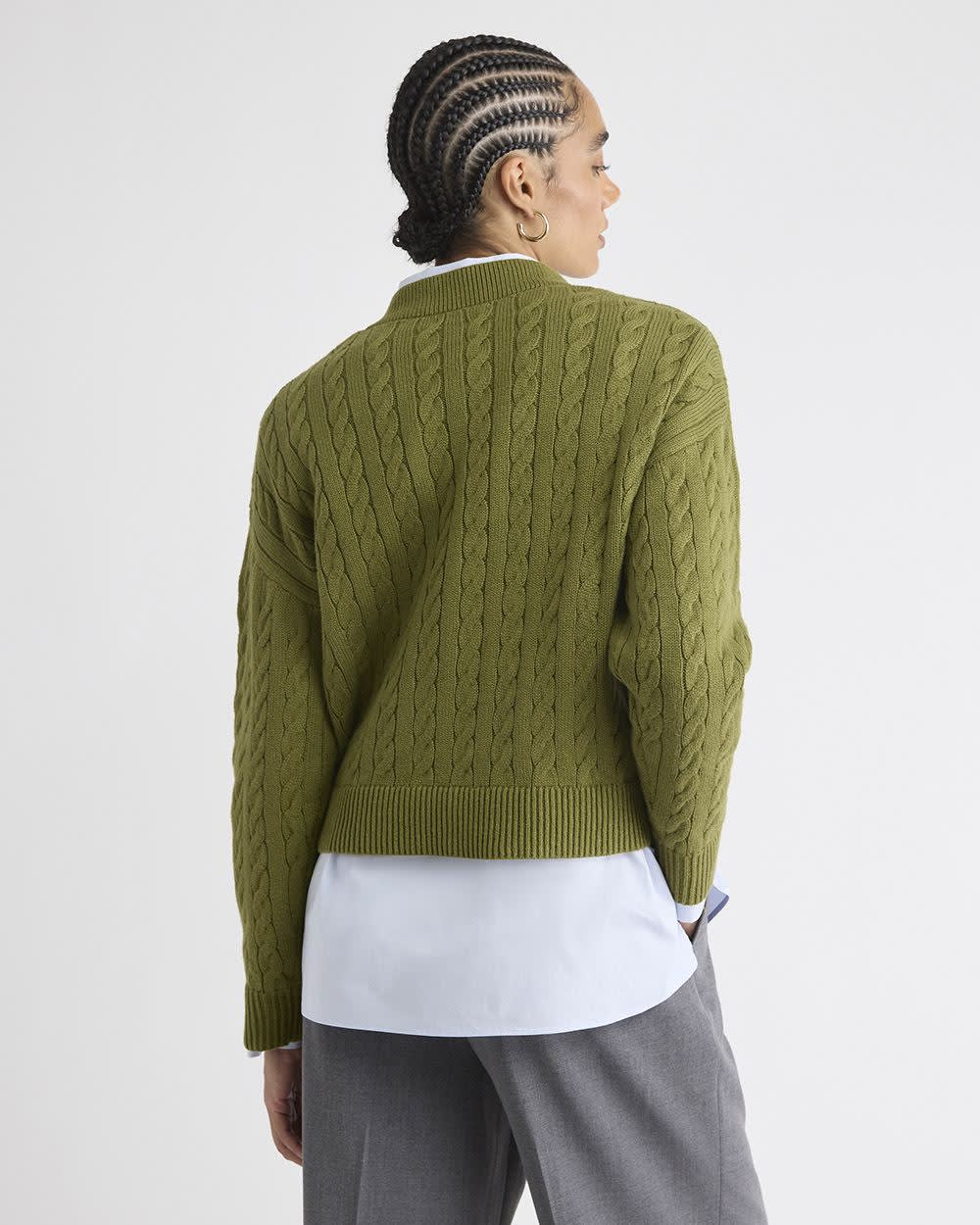 RW&CO Long-Sleeve V-Neck Cable-Stitch Merino-Blend Sweater