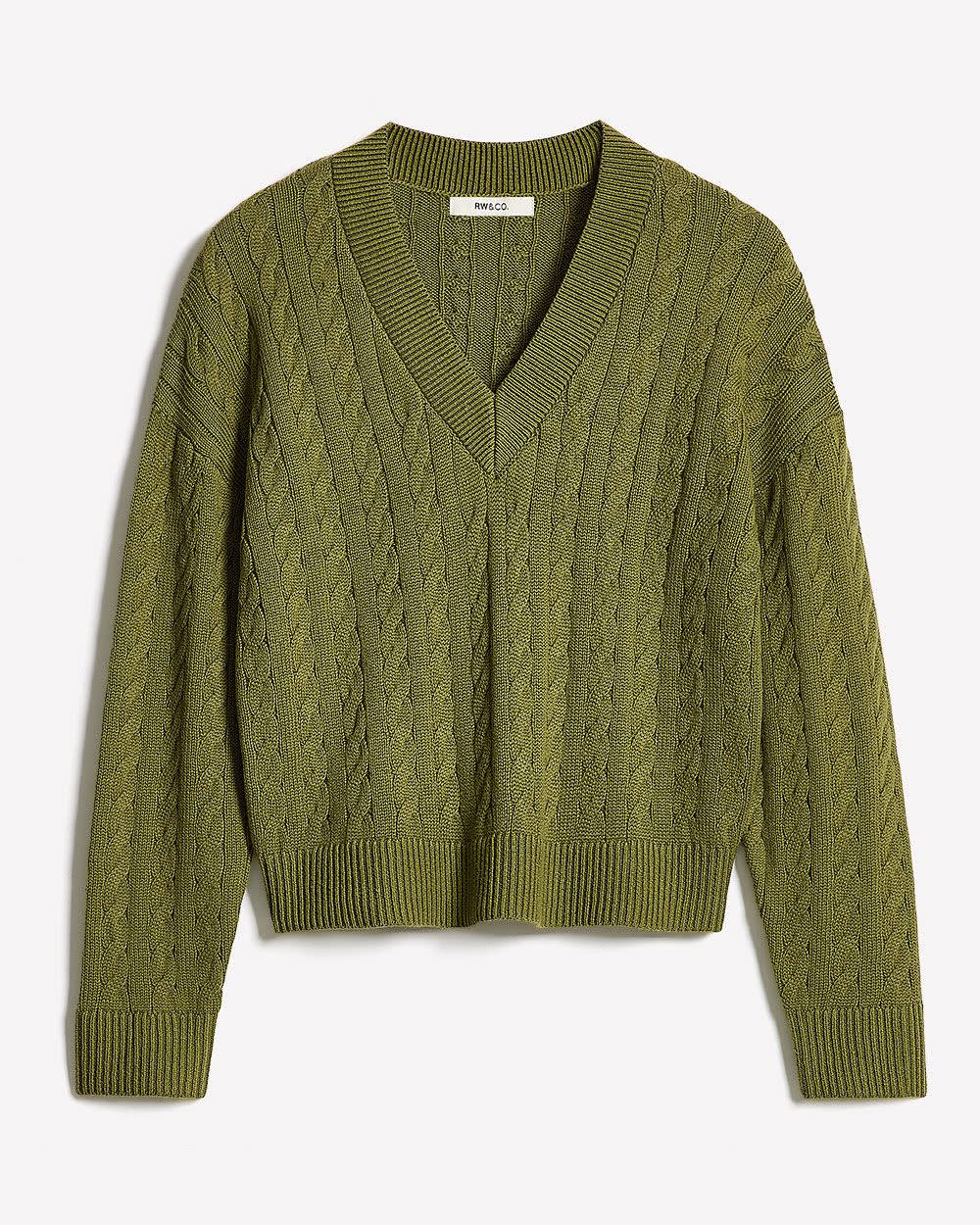 RW&CO Long-Sleeve V-Neck Cable-Stitch Merino-Blend Sweater
