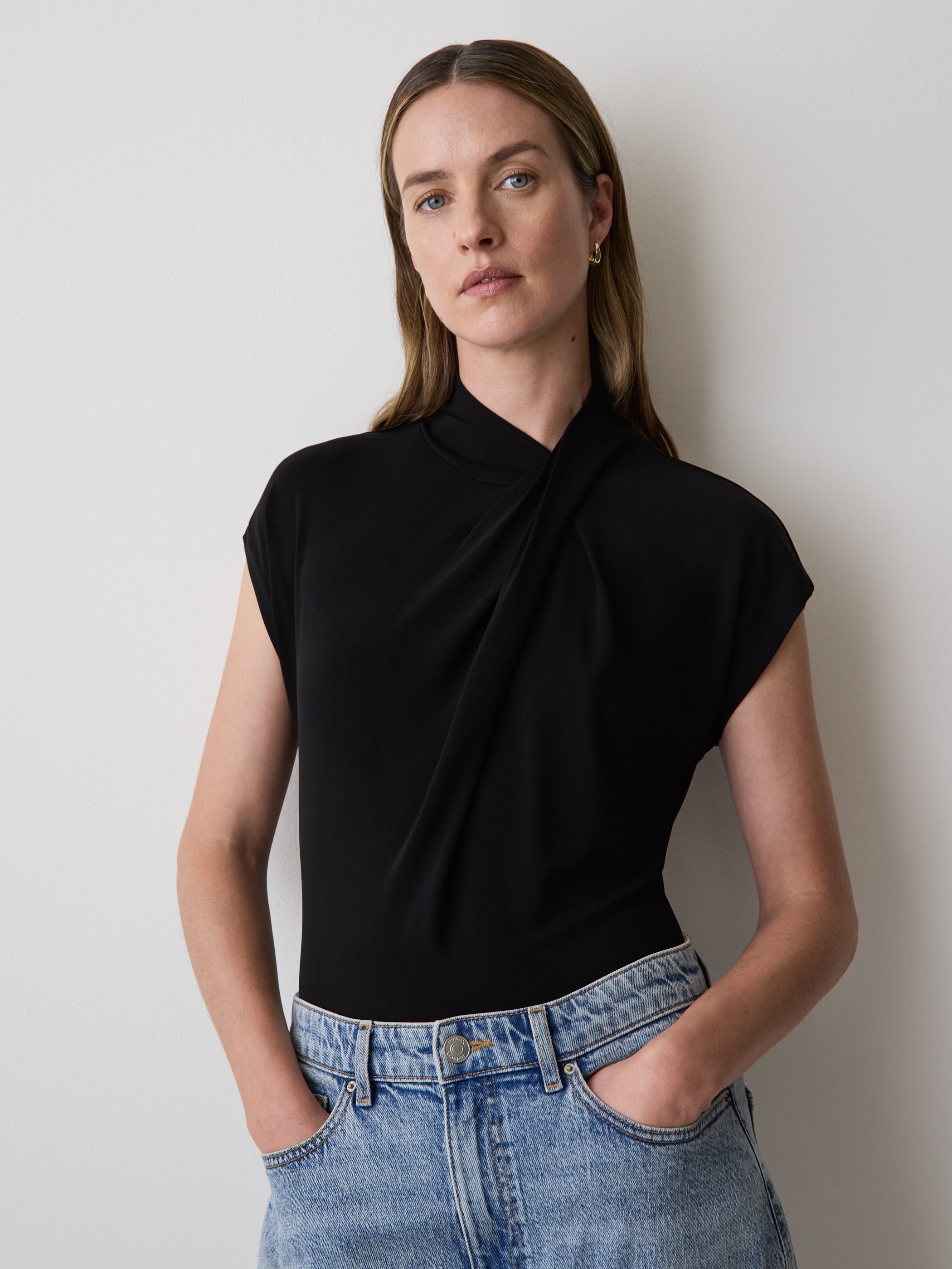 RW&CO Extended-Sleeve Top with Crossover Draped Mock Neckline