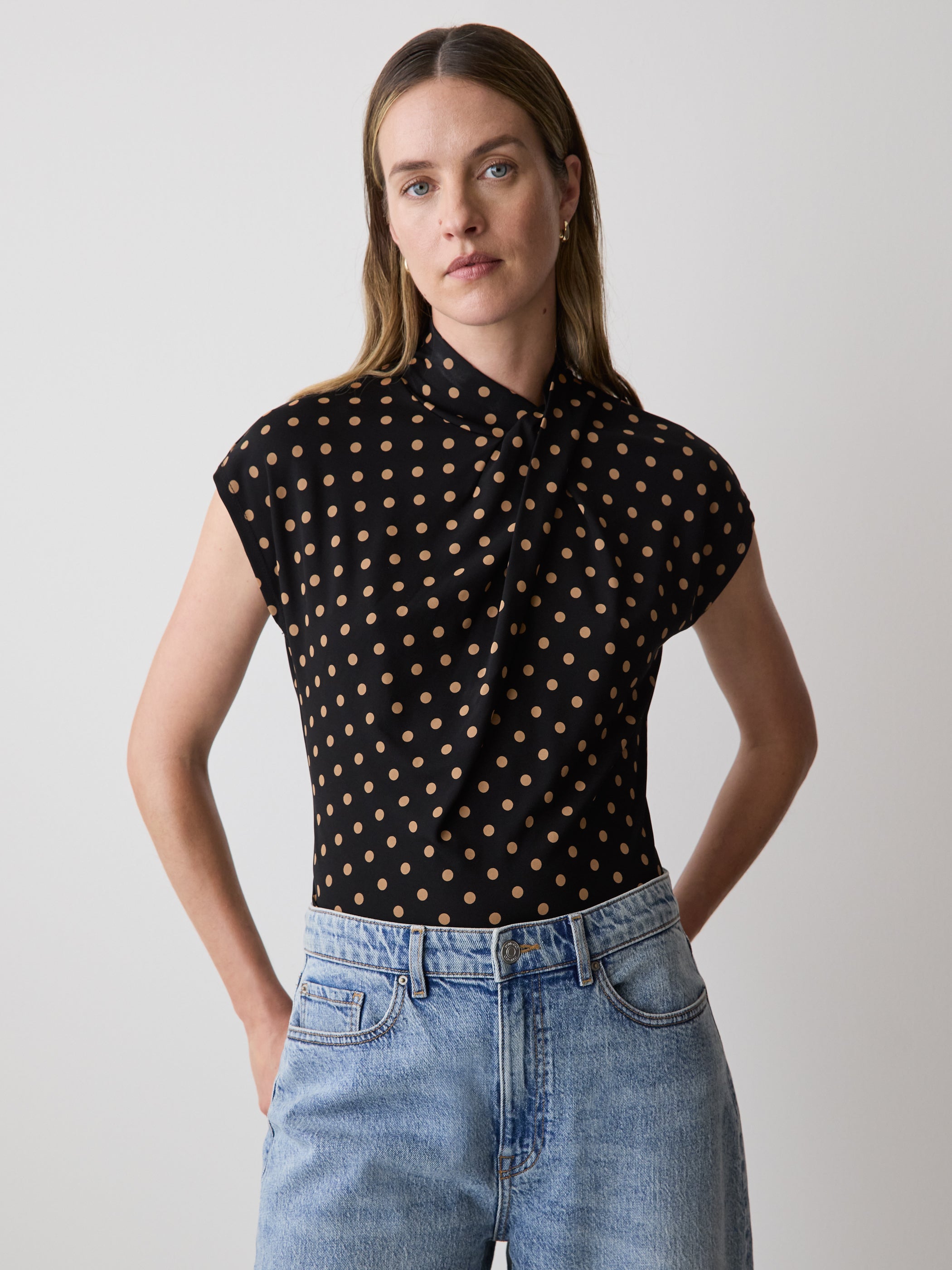 RW&CO Extended-Sleeve Top with Crossover Draped Mock Neckline