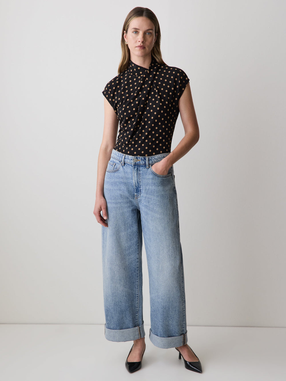 RW&CO Extended-Sleeve Top with Crossover Draped Mock Neckline