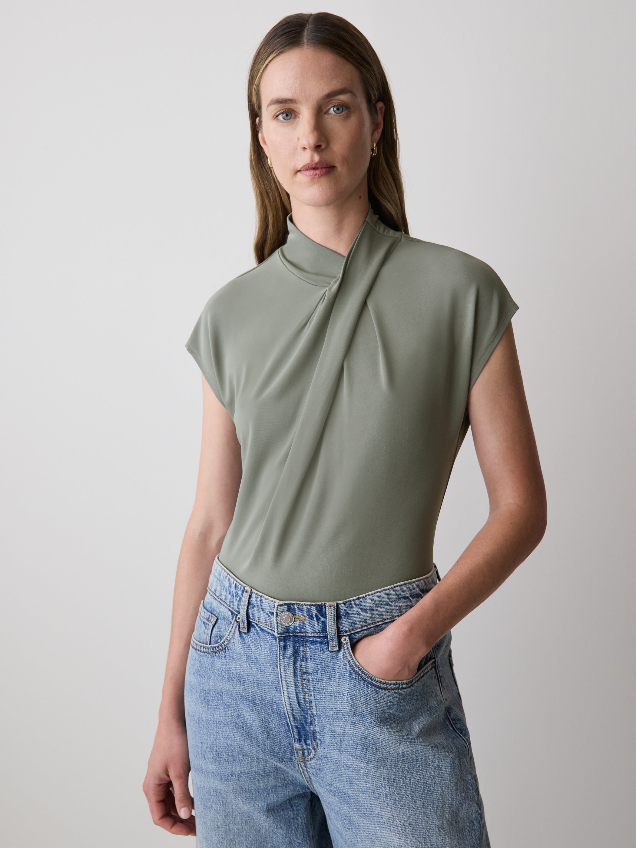 RW&CO Extended-Sleeve Top with Crossover Draped Mock Neckline