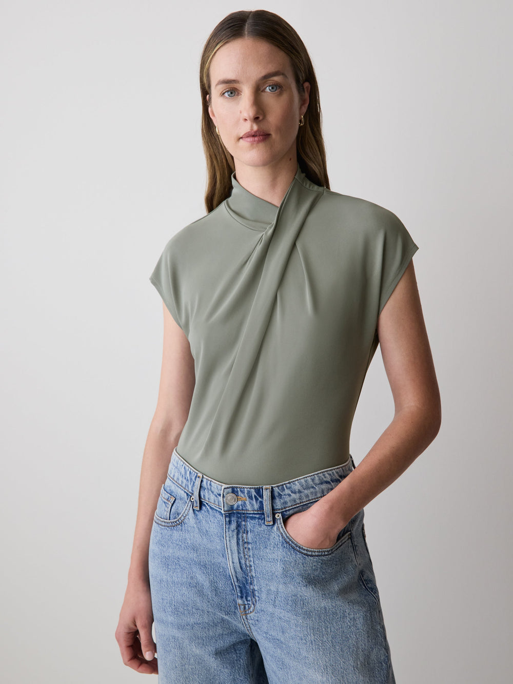 RW&CO Extended-Sleeve Top with Crossover Draped Mock Neckline
